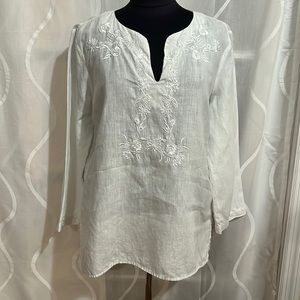 Edward, 100% Irish Linen, White Embroidered & Beaded, V Neck Top, Size XL